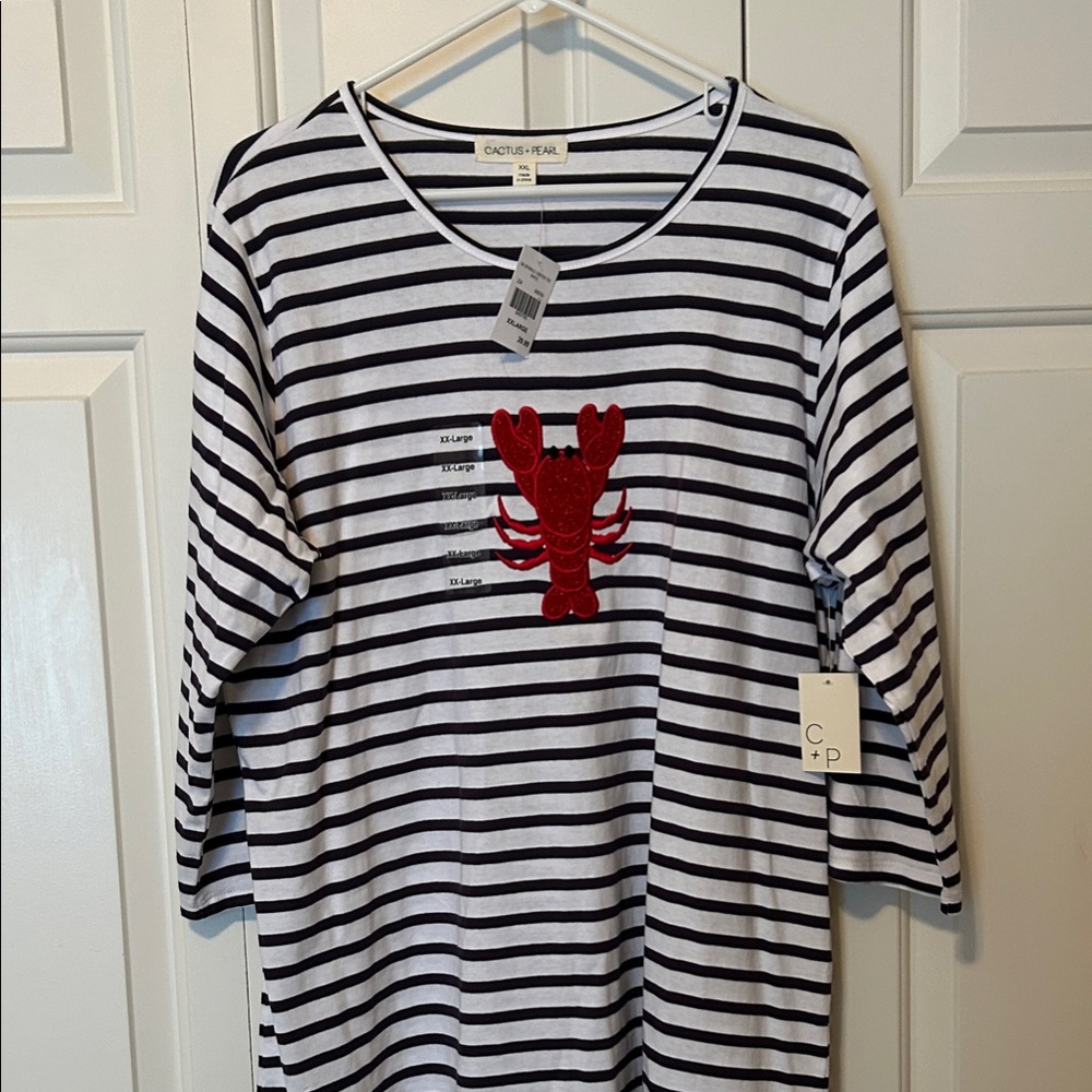 Cracker Barrel Navy & White Striped 3/4 Sleeve Tee with Red Sparkle Lobster, XXL